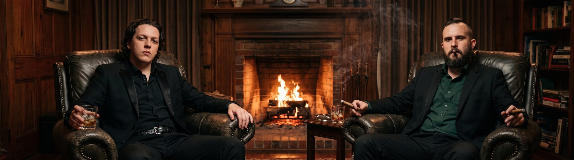 Gabriel and Sam in leather armchairs either side of a fireplace